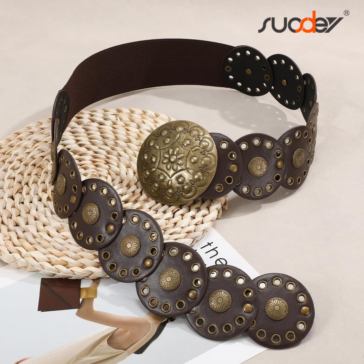 SUOSDEY Women's Hollow Western Disc Belt Concho Stretch Cowgirl Leather Wide Waist Belt for Dresses Jeans