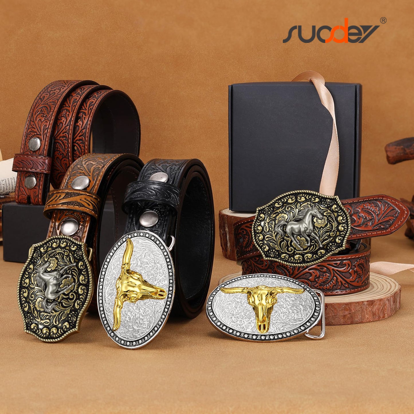 SUOSDEY Kids Western Belt for Boys Girls Genuine Leather Cowboy Cowgirl Belts with Detachable Buckle for Jeans Western Gifts