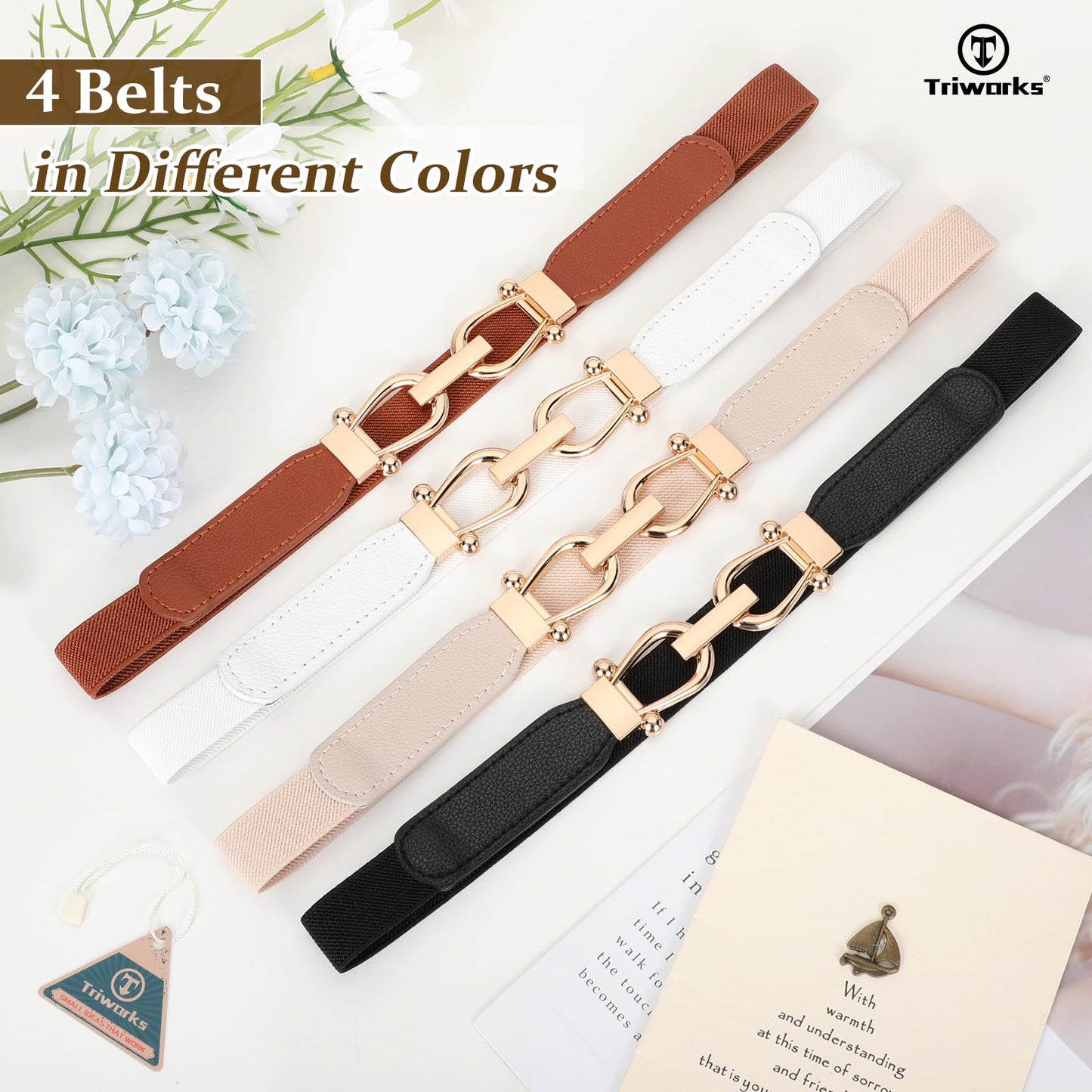 SUOSDEY Women Stretchy Waist Belt Retro Elastic Skinny Belt for Dresses Ladies with Gold Buckle 4 Pack