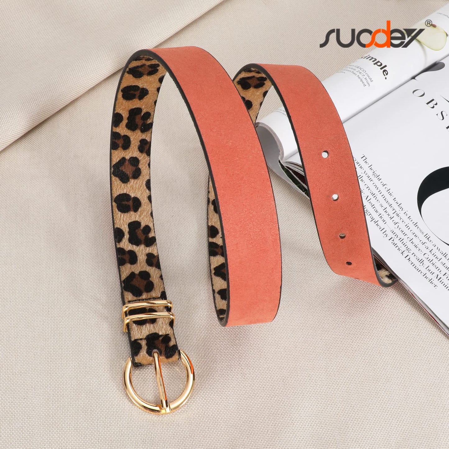 SUOSDEY Plus Size Leopard Belt for Women Fashion Leather Belt with Gold Curved Pin Buckle