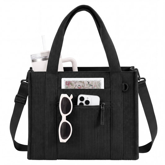 SUOSDEY Corduroy Tote Bag with Laptop Compartment&Cup Holder,Multipocket Work Tote for College,Teacher,Travel Crossbody Handbag