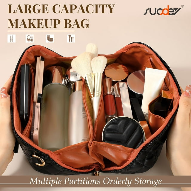 SUOSDEY 2 in 1 Crossbody Makeup Bag,Large Capacity Luxury Leather Cosmetic Bag for Travel