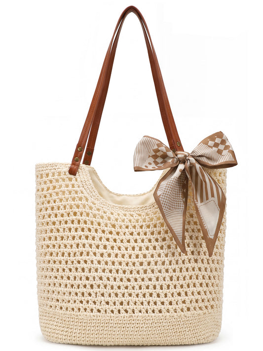 SUOSDEY Crochet Beach Bag for Women with Zipper,Summer Straw Beach Tote Bag Woven Boho Shoulder Bag for Vacation