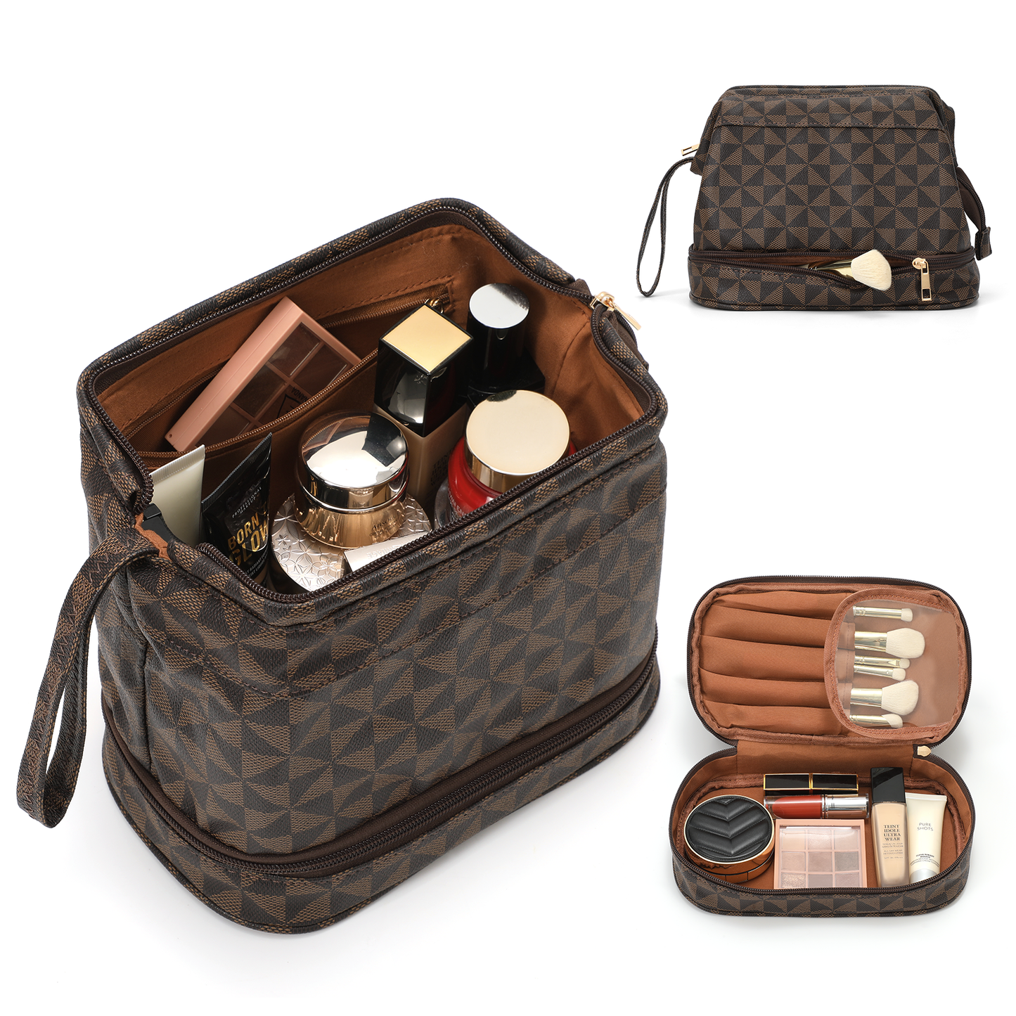 SUOSDEY Double Layer Makeup Bag Checkered Cosmetic Travel Bag for Women Men Organizers with Handle