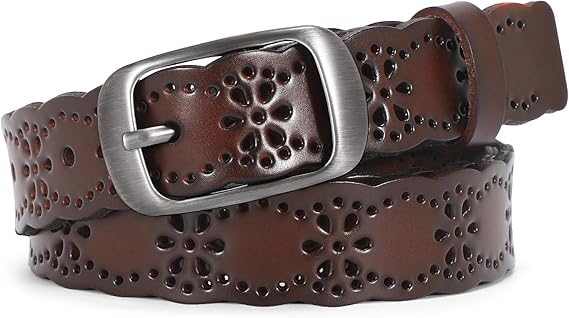 SUOSDEY Hollow Flower Leather Belt for Women Coffee Belt for Jeans Dresses Pants with Gift Box