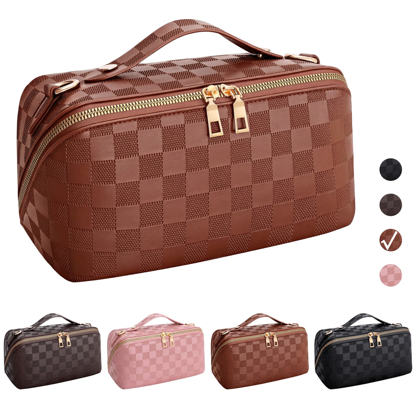 SUOSDEY 2 in 1 Crossbody Makeup Bag,Travel Luxury Leather Cosmetic Bag Organizer Set(Black,Checkerboard pattern)