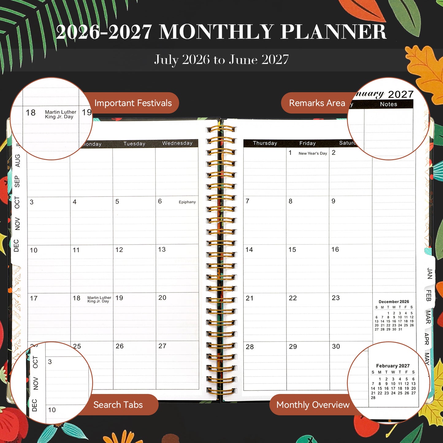 2026-2027 Academic Year Planner Calendar Notebook(JUL.2026-JUN.2027,6.3"x8.5")Daily Weekly Monthly Agenda Planner for Women Men