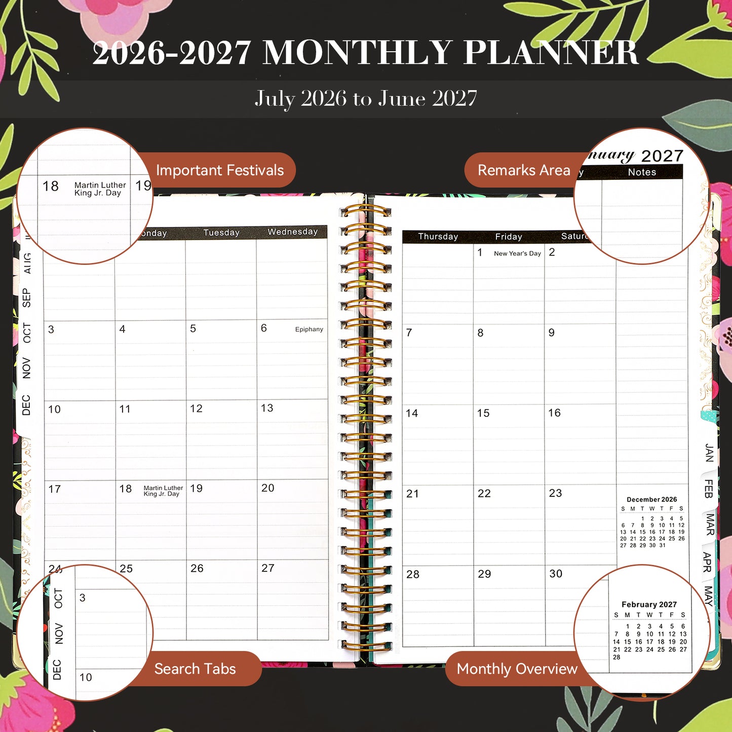 2026-2027 Academic Year Planner Calendar Notebook(JUL.2026-JUN.2027,6.3"x8.5")Daily Weekly Monthly Agenda Planner for Women Men