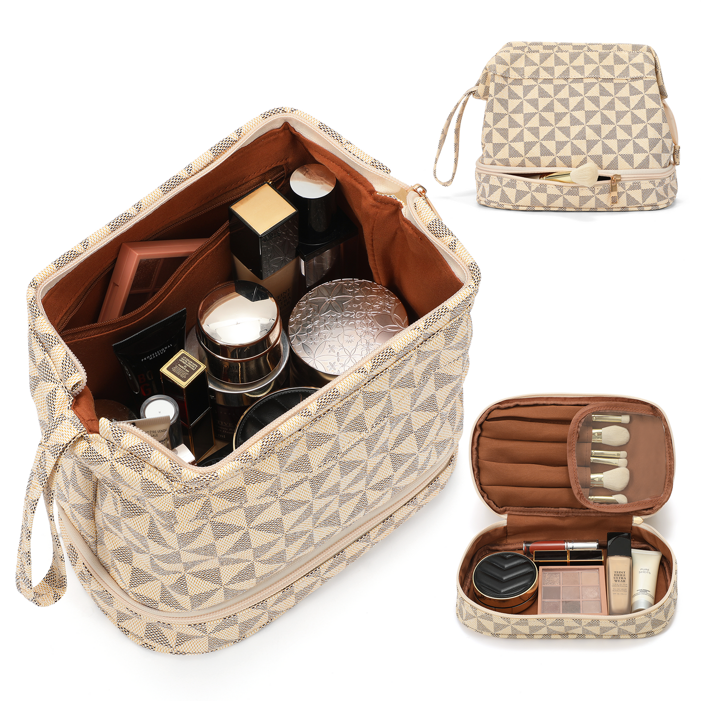 SUOSDEY Double Layer Makeup Bag Checkered Cosmetic Travel Bag for Women Men Organizers with Handle