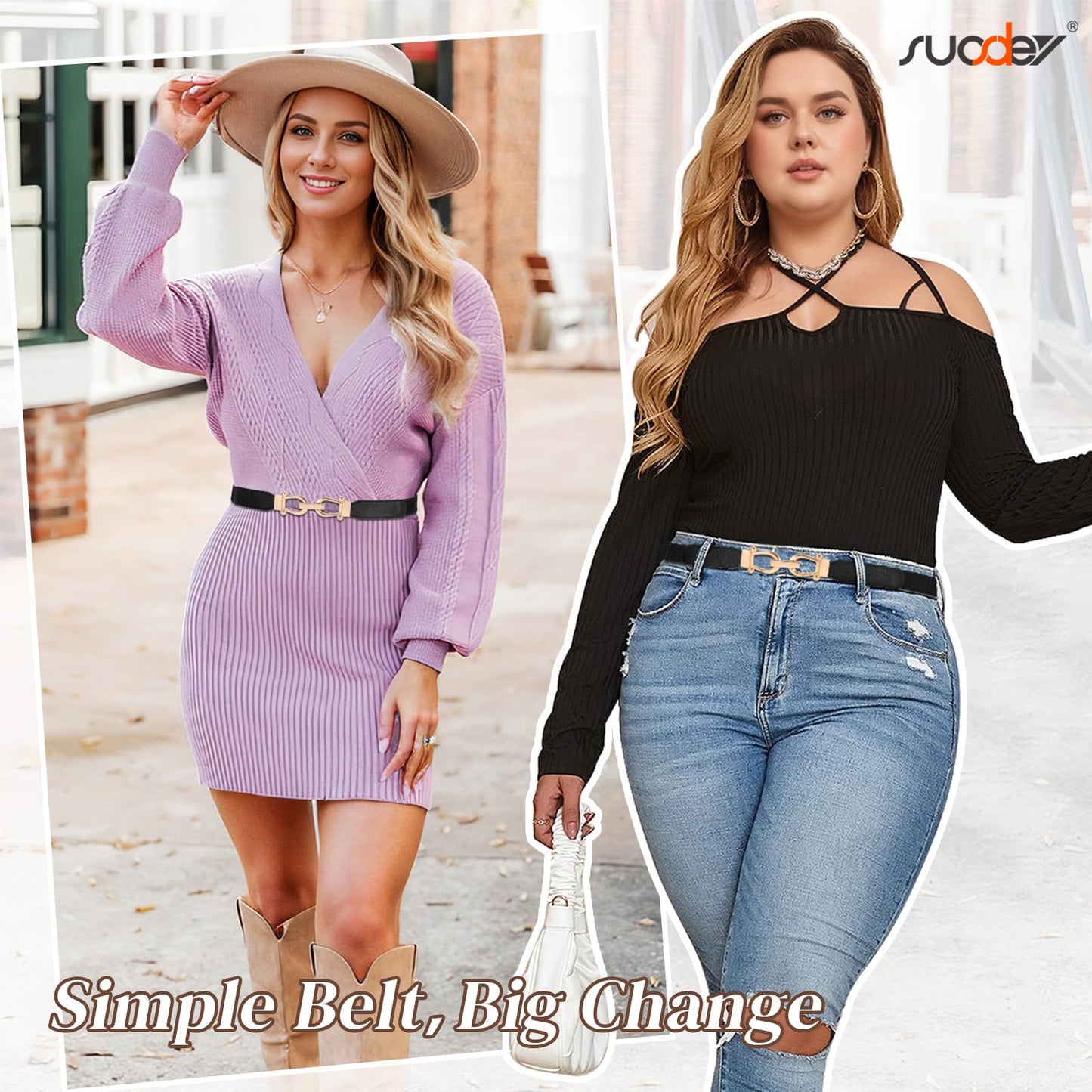 SUOSDEY Women Stretchy Waist Belt Retro Elastic Skinny Belt for Dresses Ladies with Gold Buckle 4 Pack