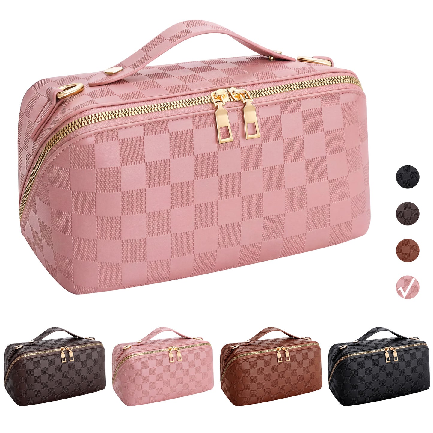 SUOSDEY 2 in 1 Crossbody Makeup Bag,Travel Luxury Leather Cosmetic Bag Organizer Set(Black,Checkerboard pattern)