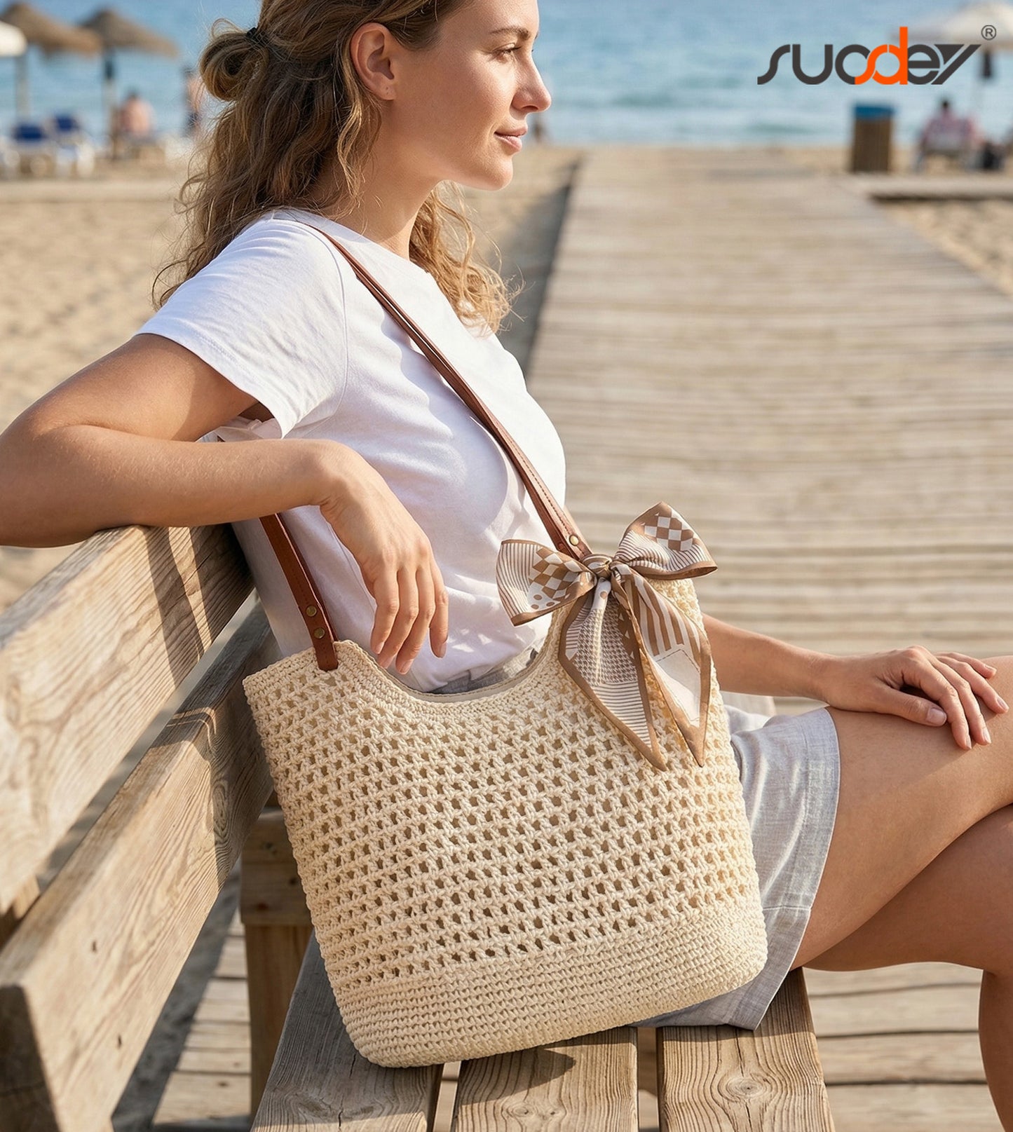 SUOSDEY Crochet Beach Bag for Women with Zipper,Summer Straw Beach Tote Bag Woven Boho Shoulder Bag for Vacation