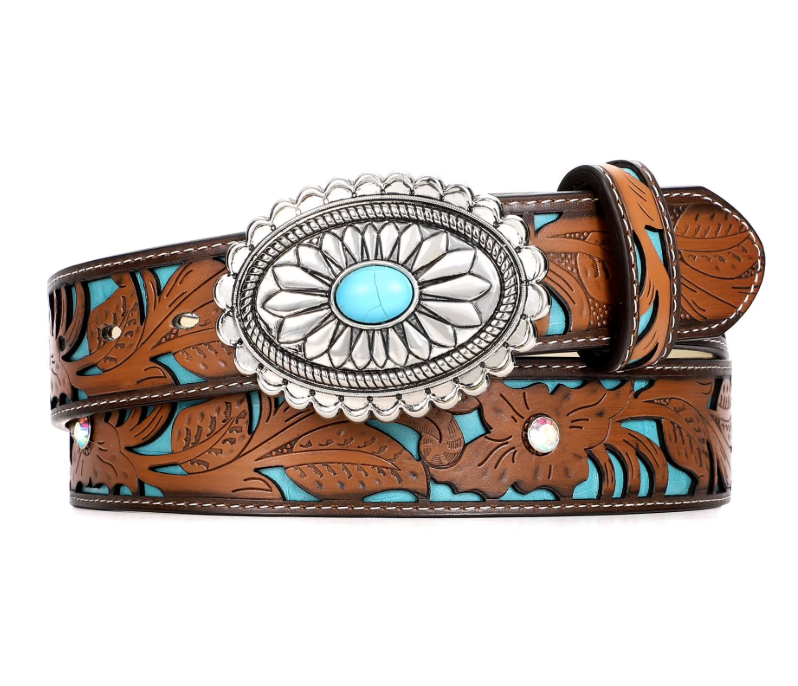 SUOSDEY Turquoise Buckle Western Leather Belt for Women Men Cowgirl Cowboy Concho Leather Belt