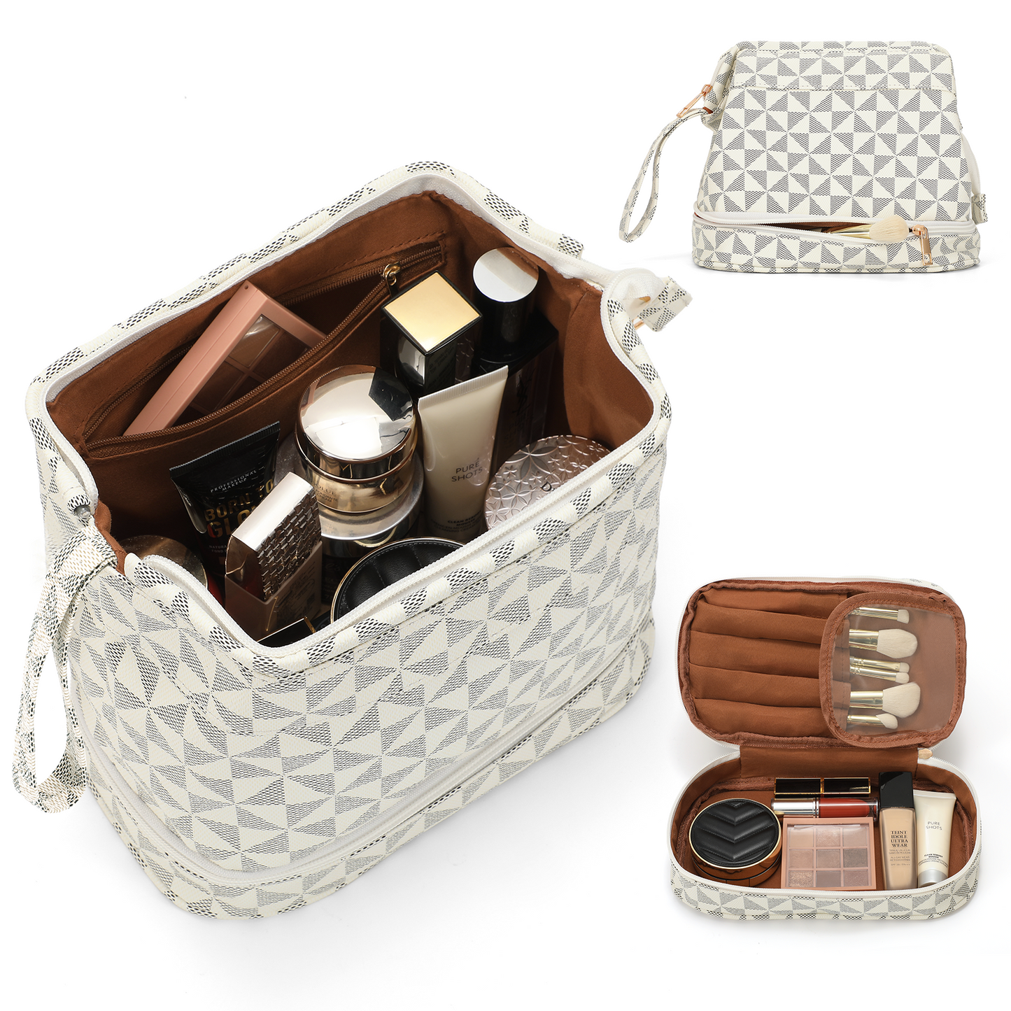 SUOSDEY Double Layer Makeup Bag Checkered Cosmetic Travel Bag for Women Men Organizers with Handle