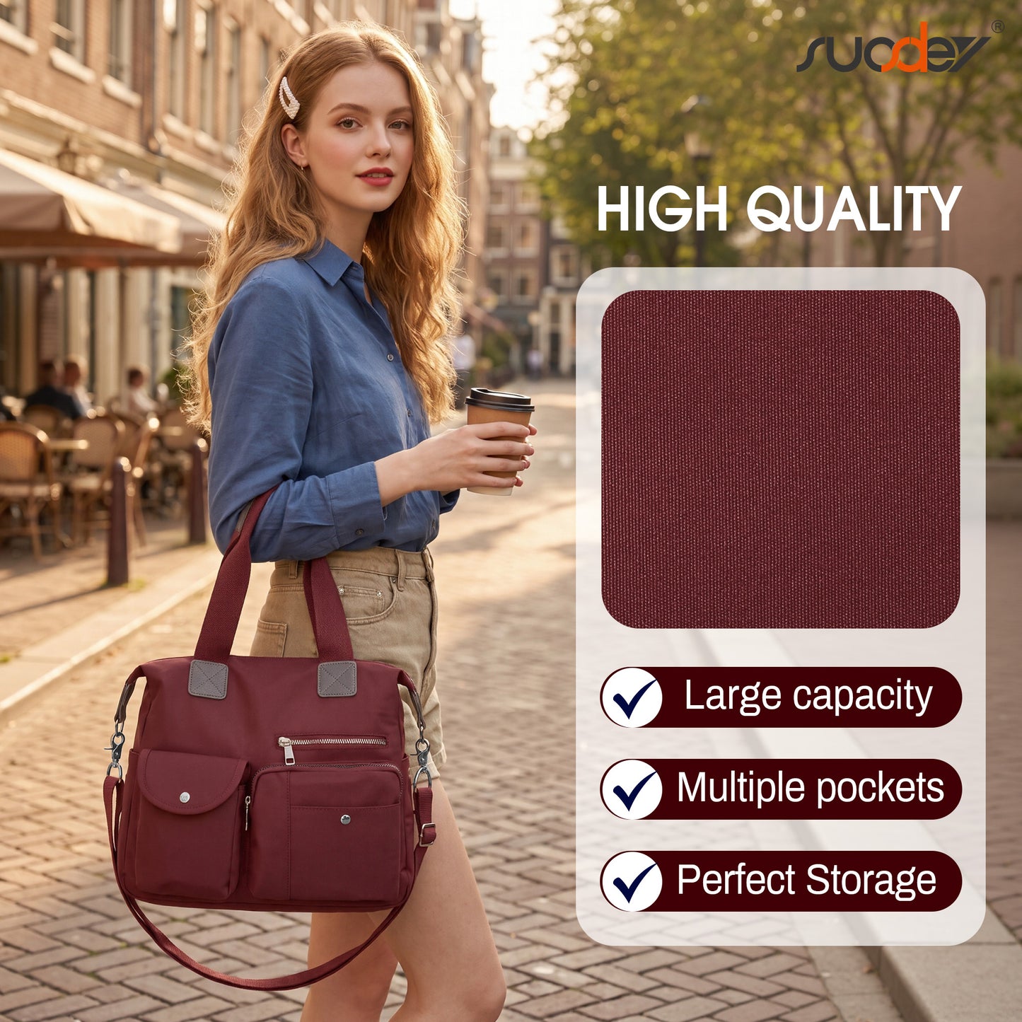 SUOSDEY Casual Tote Bags for Women with Multiple Pockets,Large Capacity Nylon Crossbody Work Shoulder Handbag for Ladies