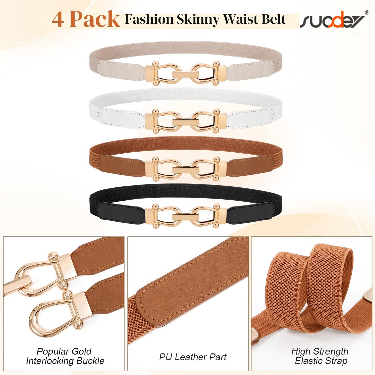 SUOSDEY Women Stretchy Waist Belt Retro Elastic Skinny Belt for Dresses Ladies with Gold Buckle 4 Pack