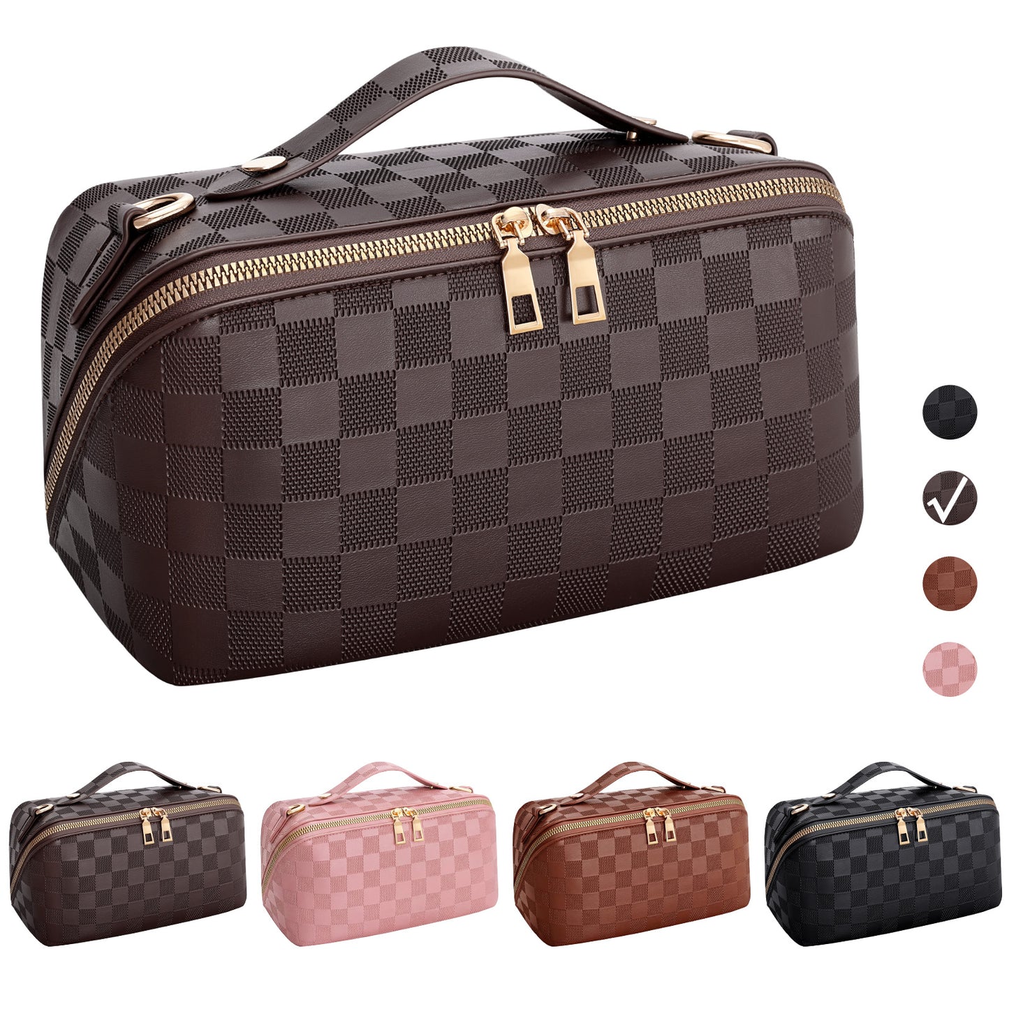 SUOSDEY 2 in 1 Crossbody Makeup Bag,Travel Luxury Leather Cosmetic Bag Organizer Set(Black,Checkerboard pattern)