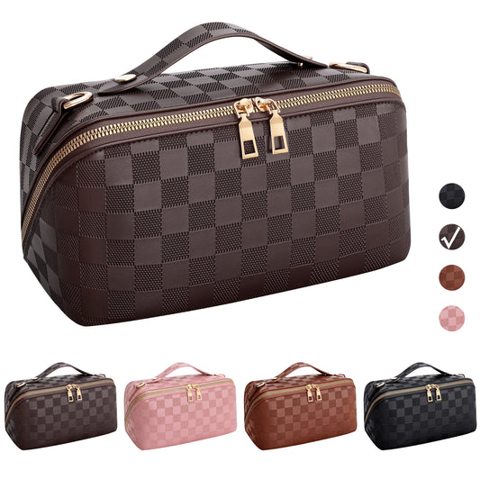 SUOSDEY 2 in 1 Crossbody Makeup Bag,Travel Luxury Leather Cosmetic Bag Organizer Set(Black,Checkerboard pattern)