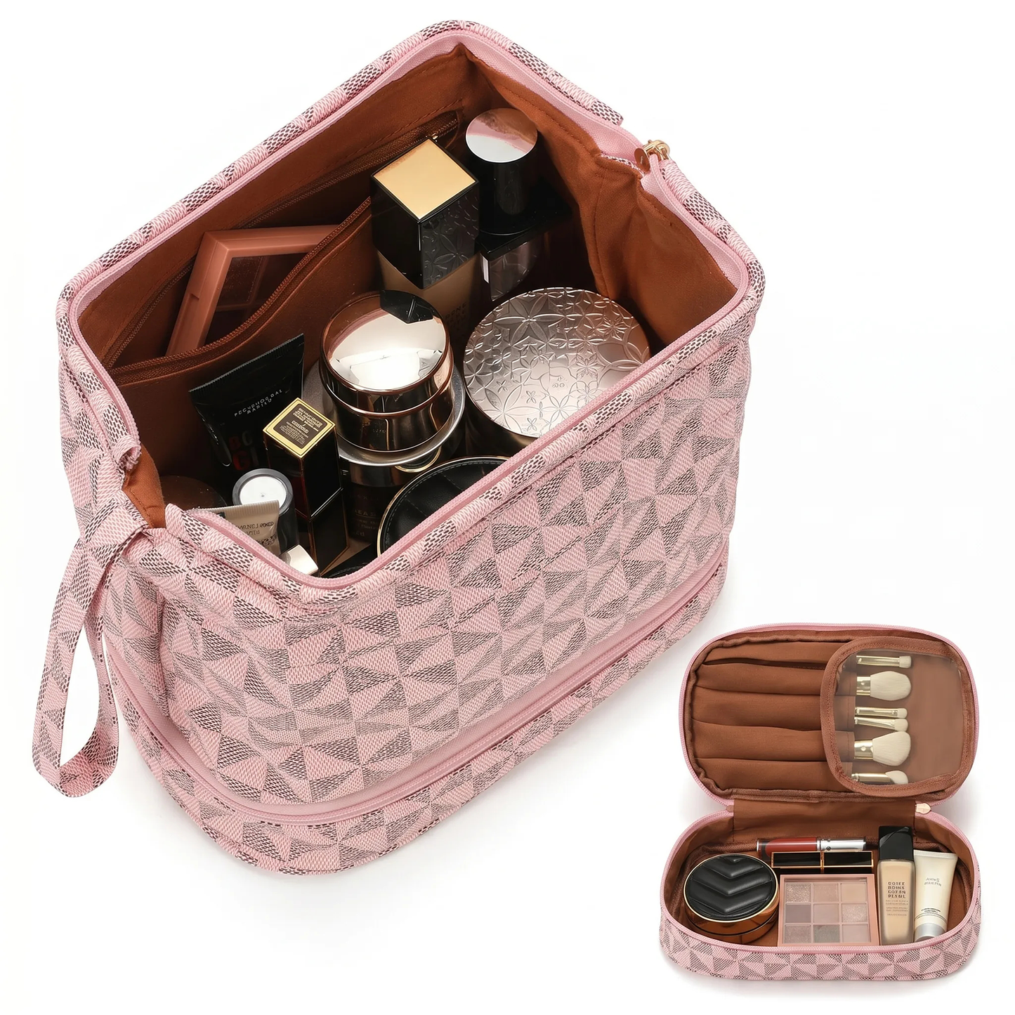 SUOSDEY Double Layer Makeup Bag Checkered Cosmetic Travel Bag for Women Men Organizers with Handle
