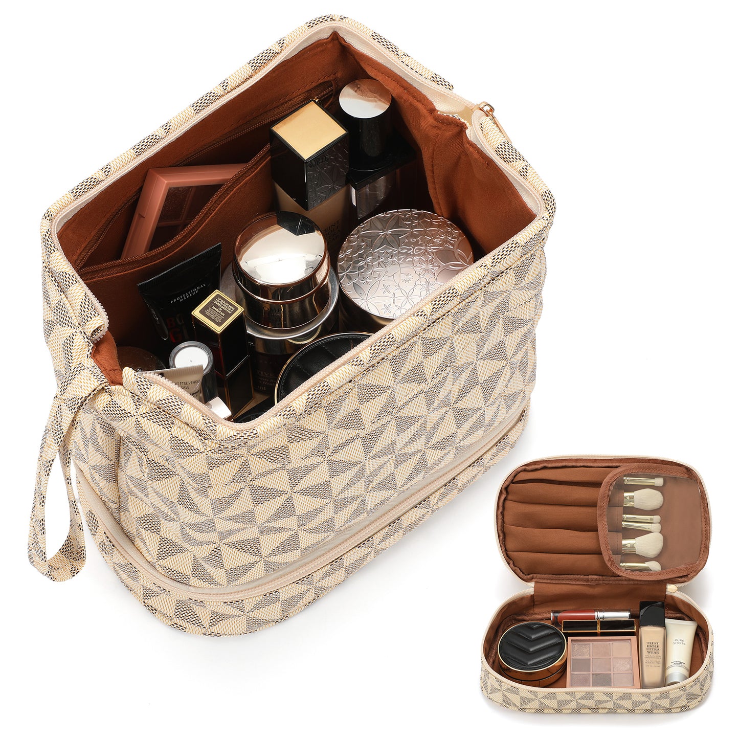 SUOSDEY Double Layer Makeup Bag Checkered Cosmetic Travel Bag for Women Men Organizers with Handle