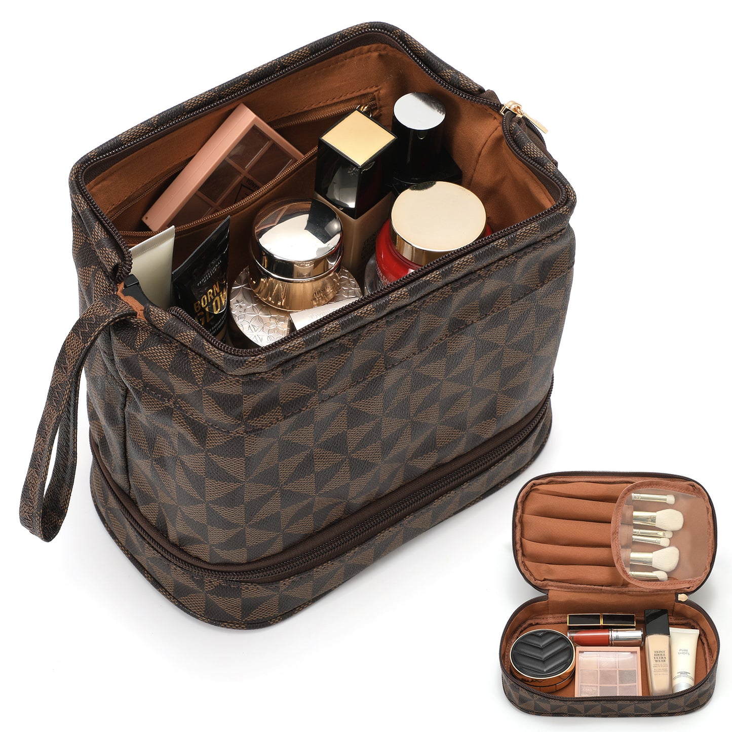 SUOSDEY Double Layer Makeup Bag Checkered Cosmetic Travel Bag for Women Men Organizers with Handle