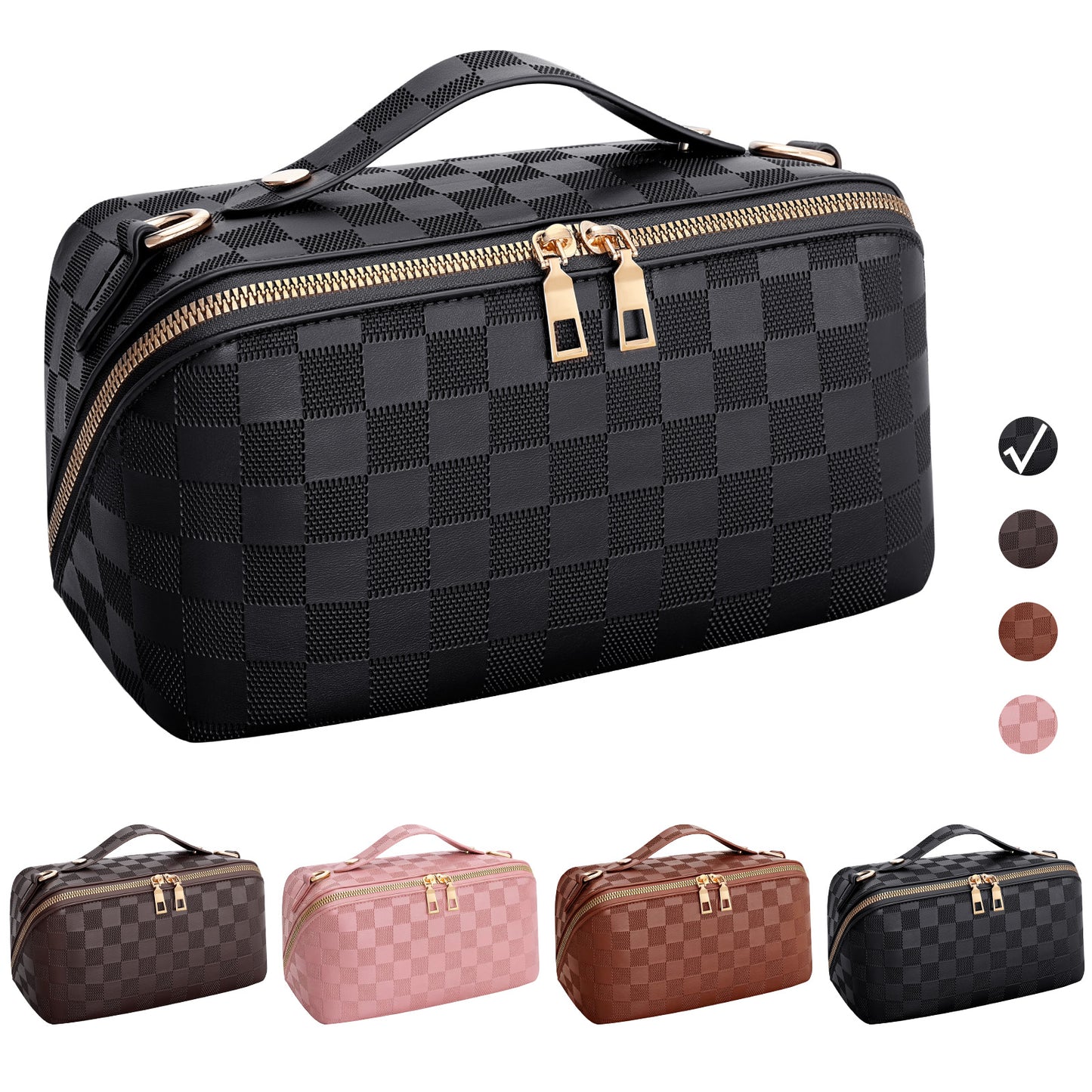 SUOSDEY 2 in 1 Crossbody Makeup Bag,Travel Luxury Leather Cosmetic Bag Organizer Set(Black,Checkerboard pattern)