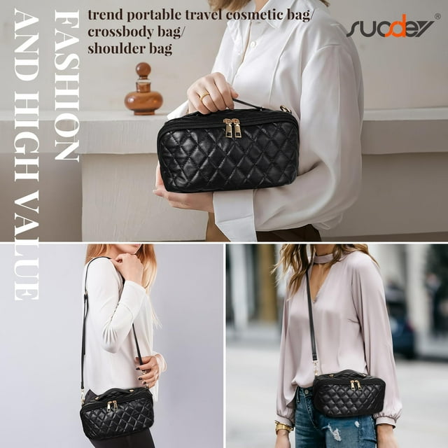 SUOSDEY 2 in 1 Crossbody Makeup Bag,Large Capacity Luxury Leather Cosmetic Bag for Travel
