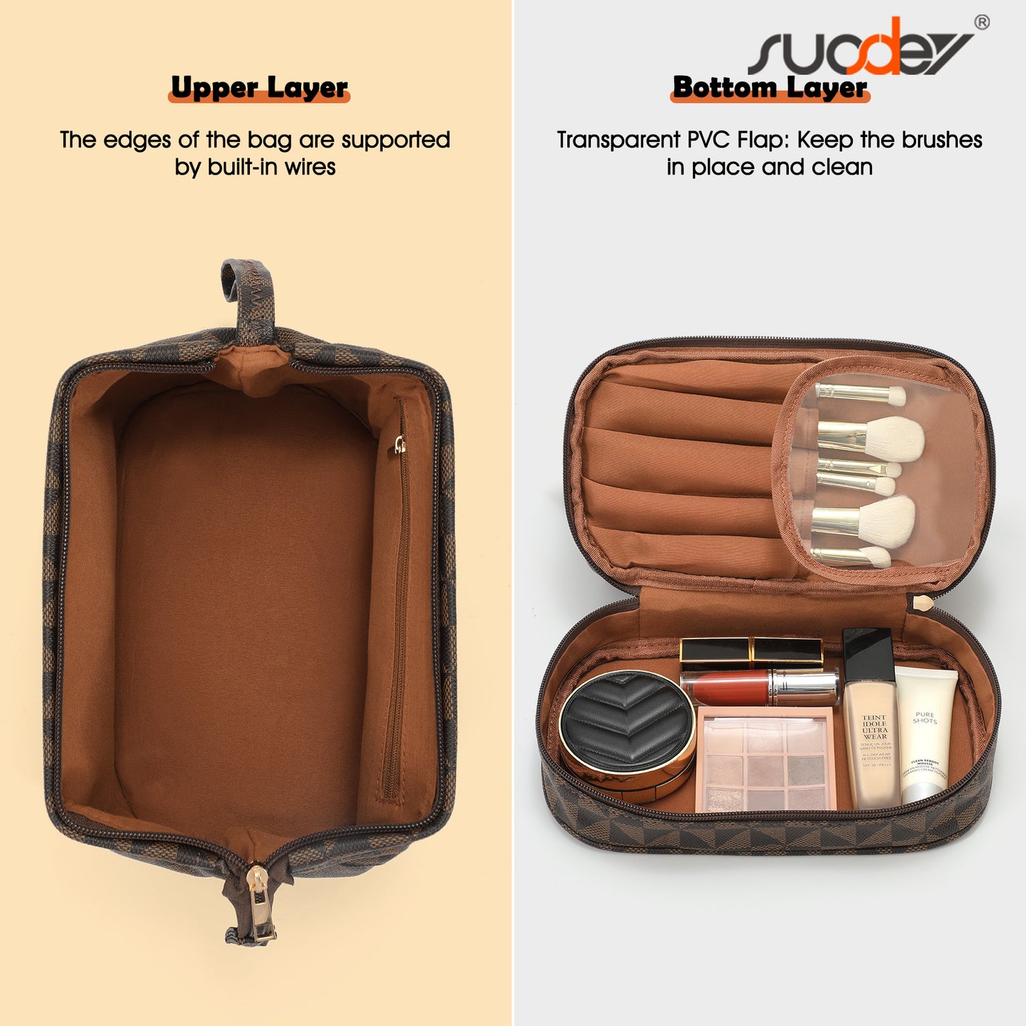 SUOSDEY Double Layer Makeup Bag Checkered Cosmetic Travel Bag for Women Men Organizers with Handle