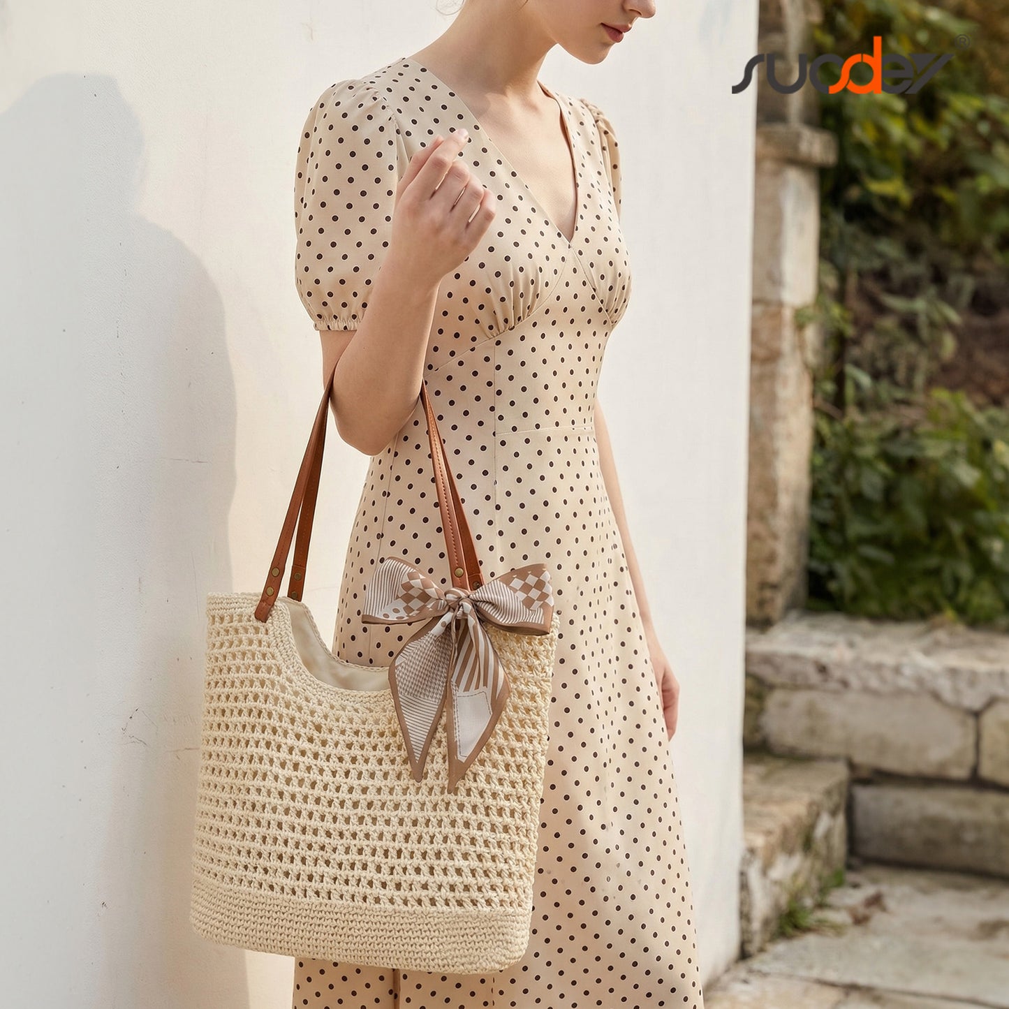 SUOSDEY Crochet Beach Bag for Women with Zipper,Summer Straw Beach Tote Bag Woven Boho Shoulder Bag for Vacation