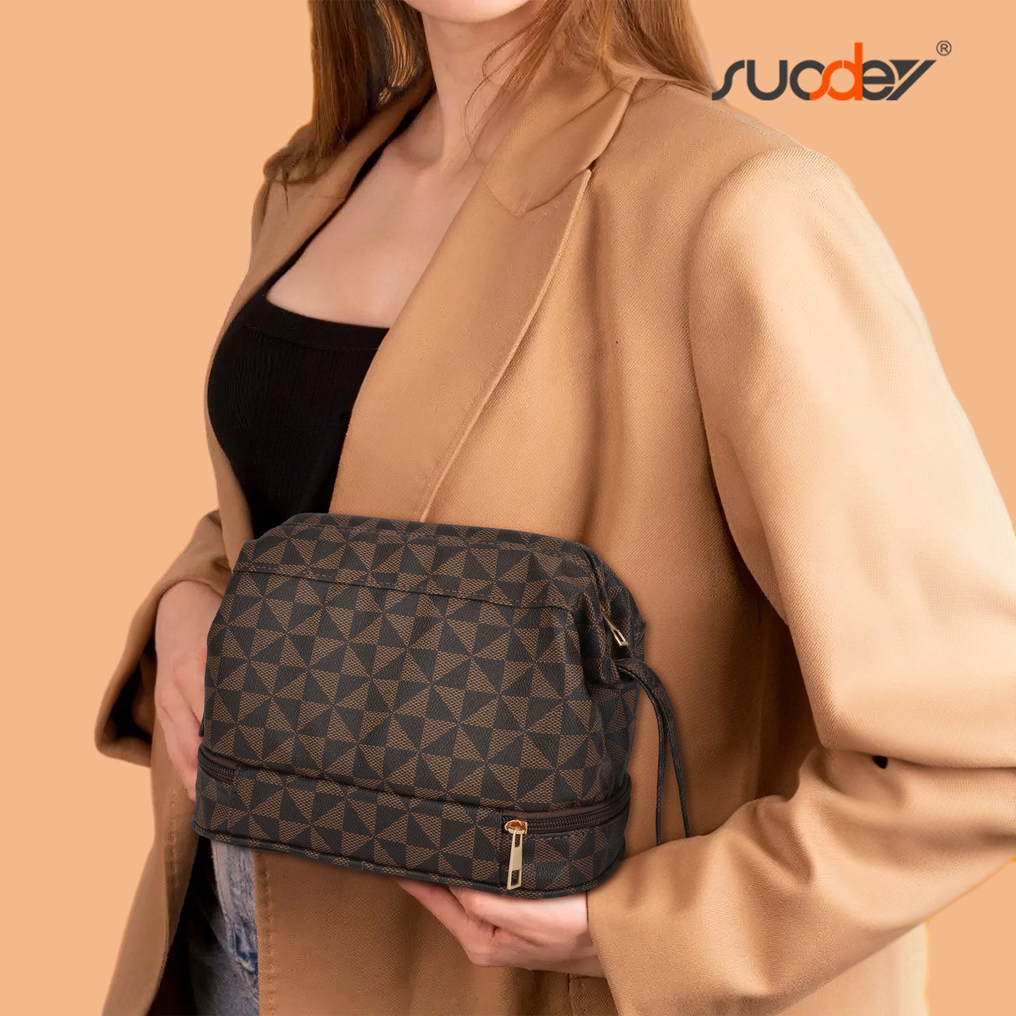 SUOSDEY Double Layer Makeup Bag Checkered Cosmetic Travel Bag for Women Men Organizers with Handle