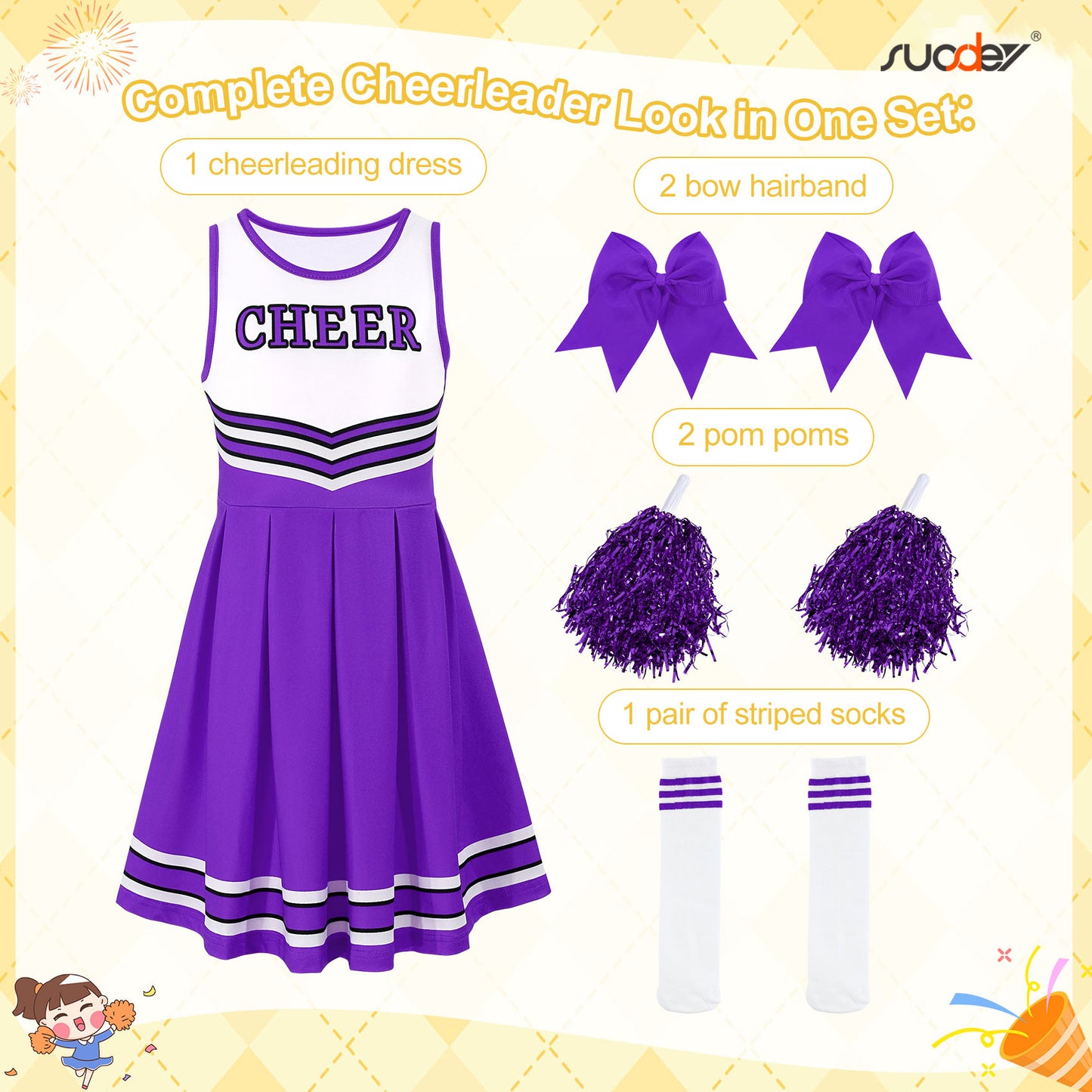 SUOSDEY Girls Cheerleader Costume Outfit Set,Kids Sleeveless Cheerleading Uniform for Party Birthday Halloween