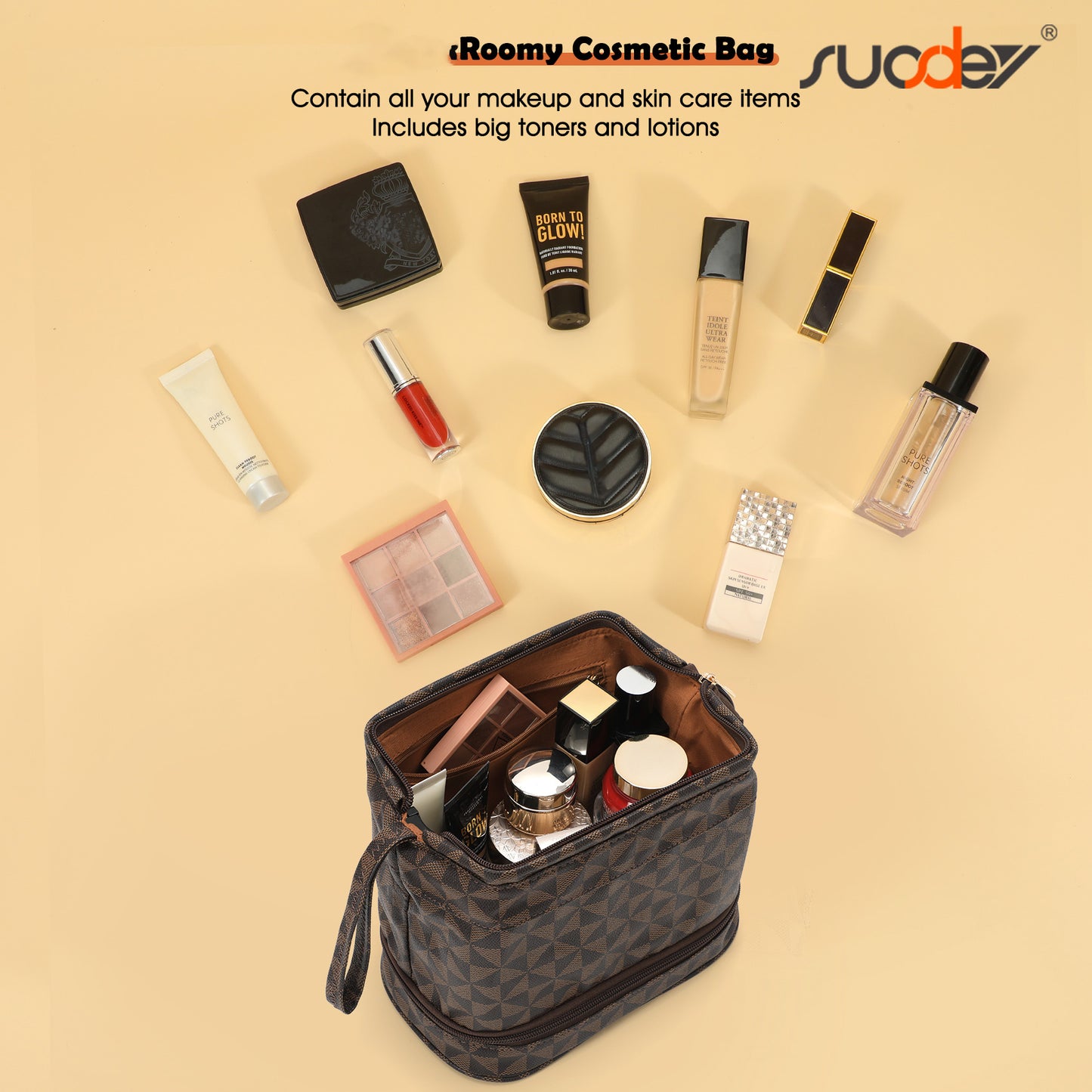 SUOSDEY Double Layer Makeup Bag Checkered Cosmetic Travel Bag for Women Men Organizers with Handle