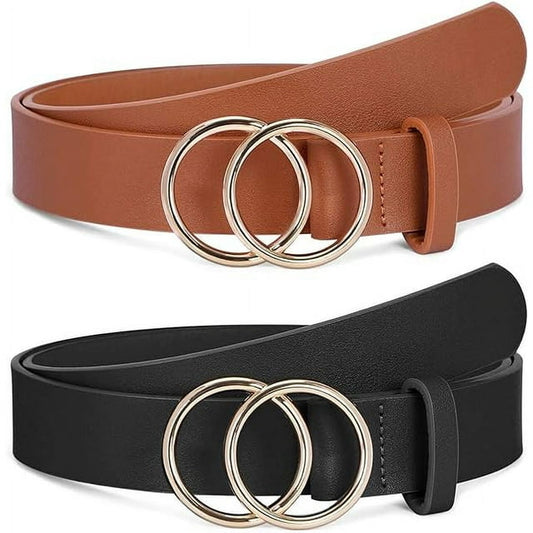 SUOSDEY Double Ring Belt for Women 2pack Leather Waist Belt for Dress Jeans Pants