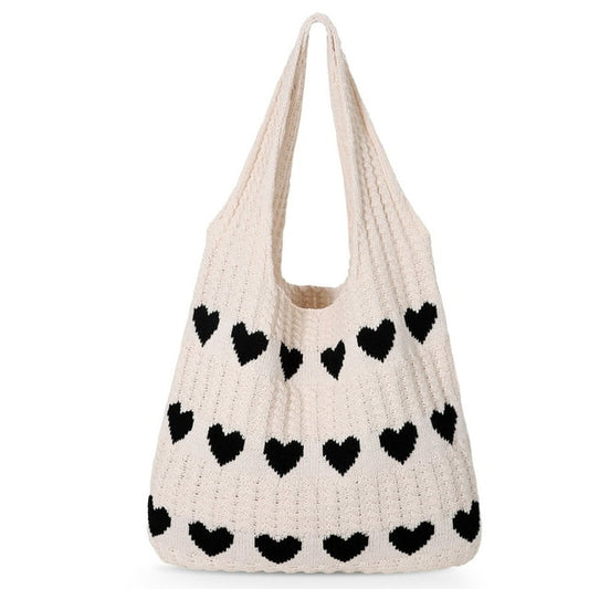 SUOSDEY Summer Beach Tote Bag with Heart Knit,Hollow Crochet Shoulder Bag Aesthetic Boho Hobo Bag