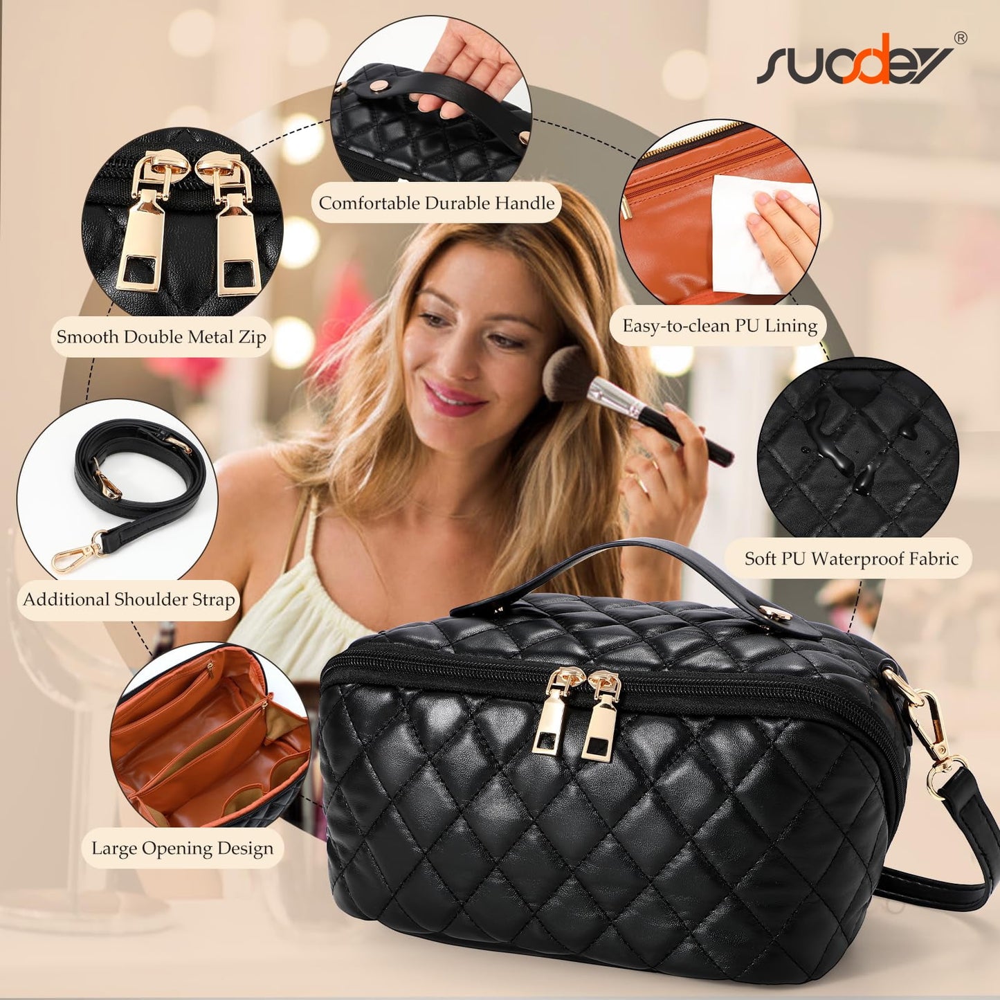 SUOSDEY 2 in 1 Crossbody Makeup Bag,Large Capacity Luxury Leather Cosmetic Bag for Travel