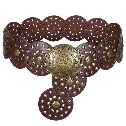 SUOSDEY Women's Concho Disc Belt Western Cowboy Cowgirl Wide Leather Boho Country Waist Belts for Dress Jeans