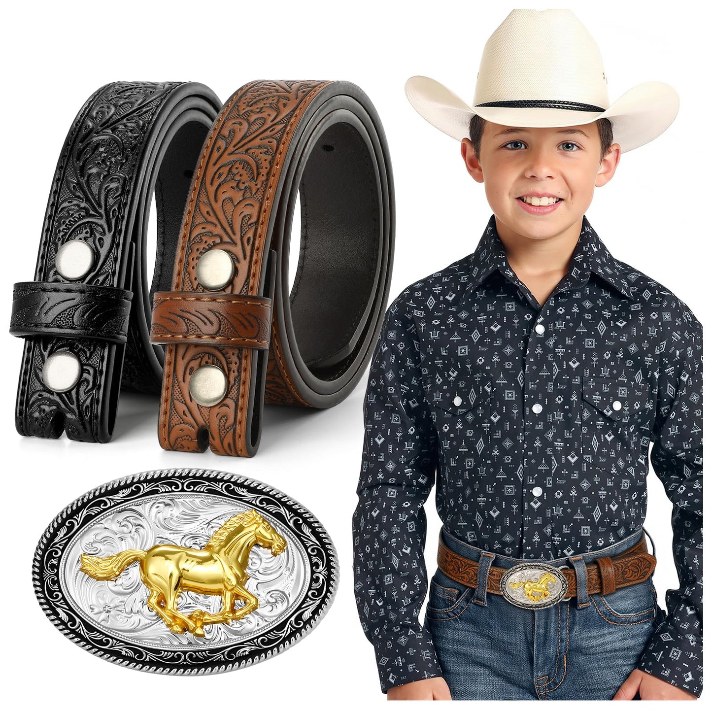 SUOSDEY Kid Western Leather Belts for Boys Girls Embossed Belt for Jeans Pant Dresses Birthday Christmas Gifts