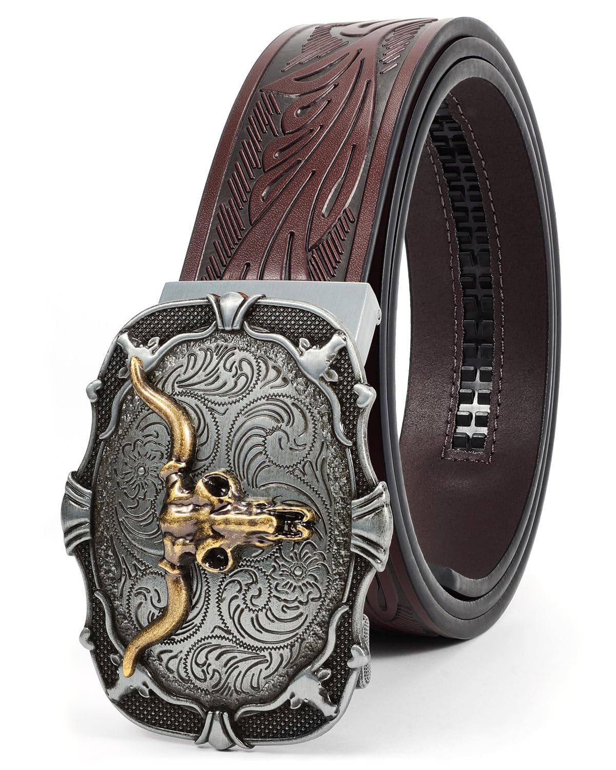 SUOSDEY Cowboy Ratchet Belt Western Leather Belts for Men with Automatic Cowboy Buckle
