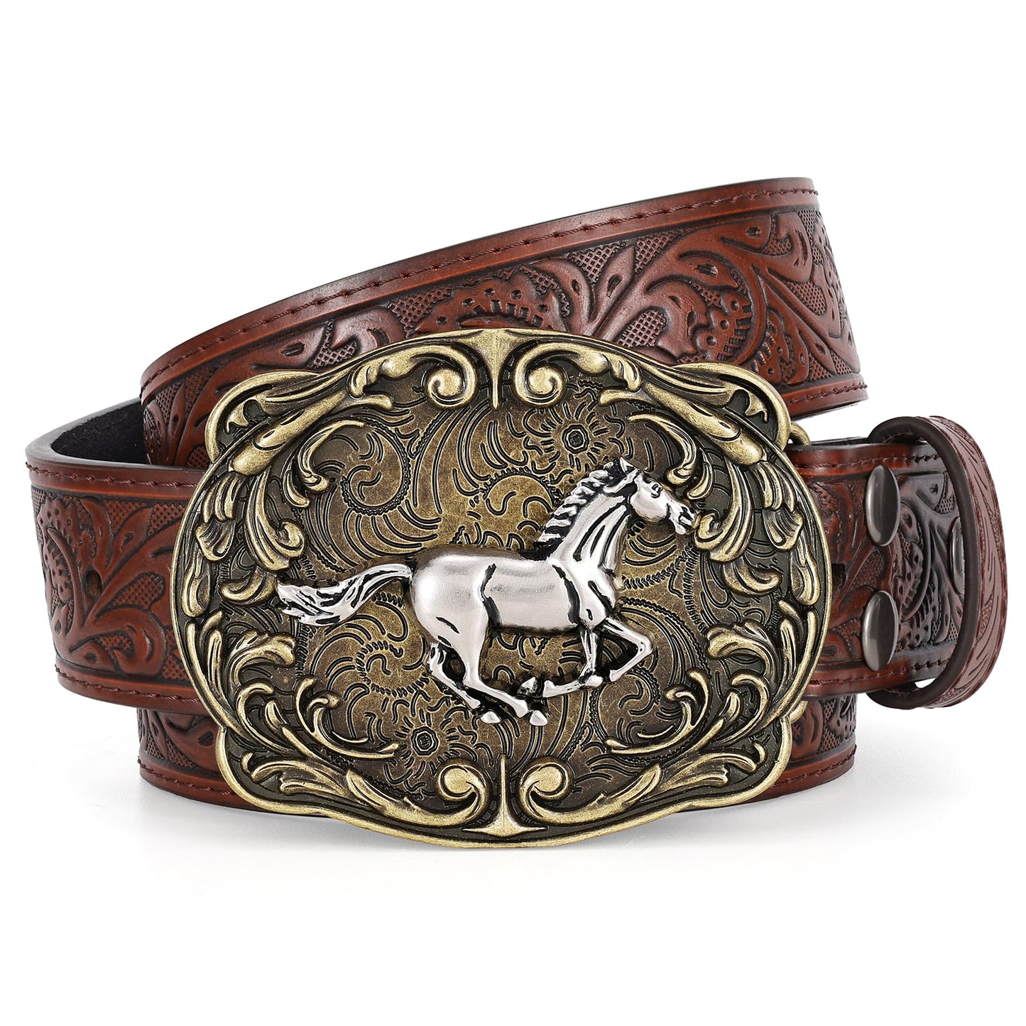 SUOSDEY Cowboy Western Belts for Men Women Floral Engraved Belt for Jeans Christmas Coffee Cowgirl Belt