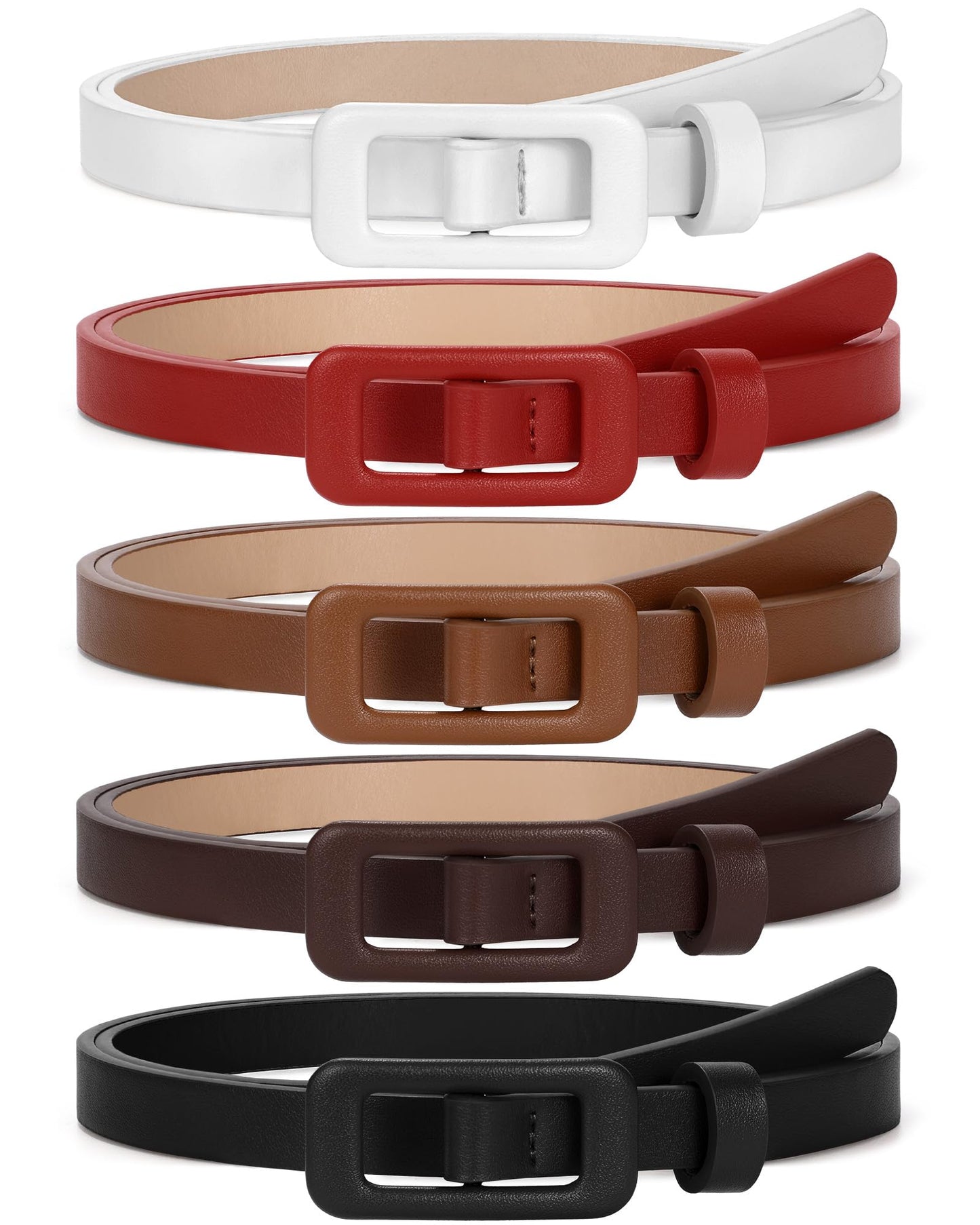 SUOSDEY 5 Pack Women Skinny Leather Belt Thin Waist No Hole Belt for Ladies Jeans Dress Pants