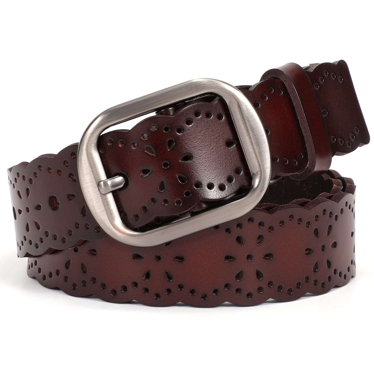 SUOSDEY Hollow Flower Leather Belt for Women Coffee Belt for Jeans Dresses Pants with Gift Box