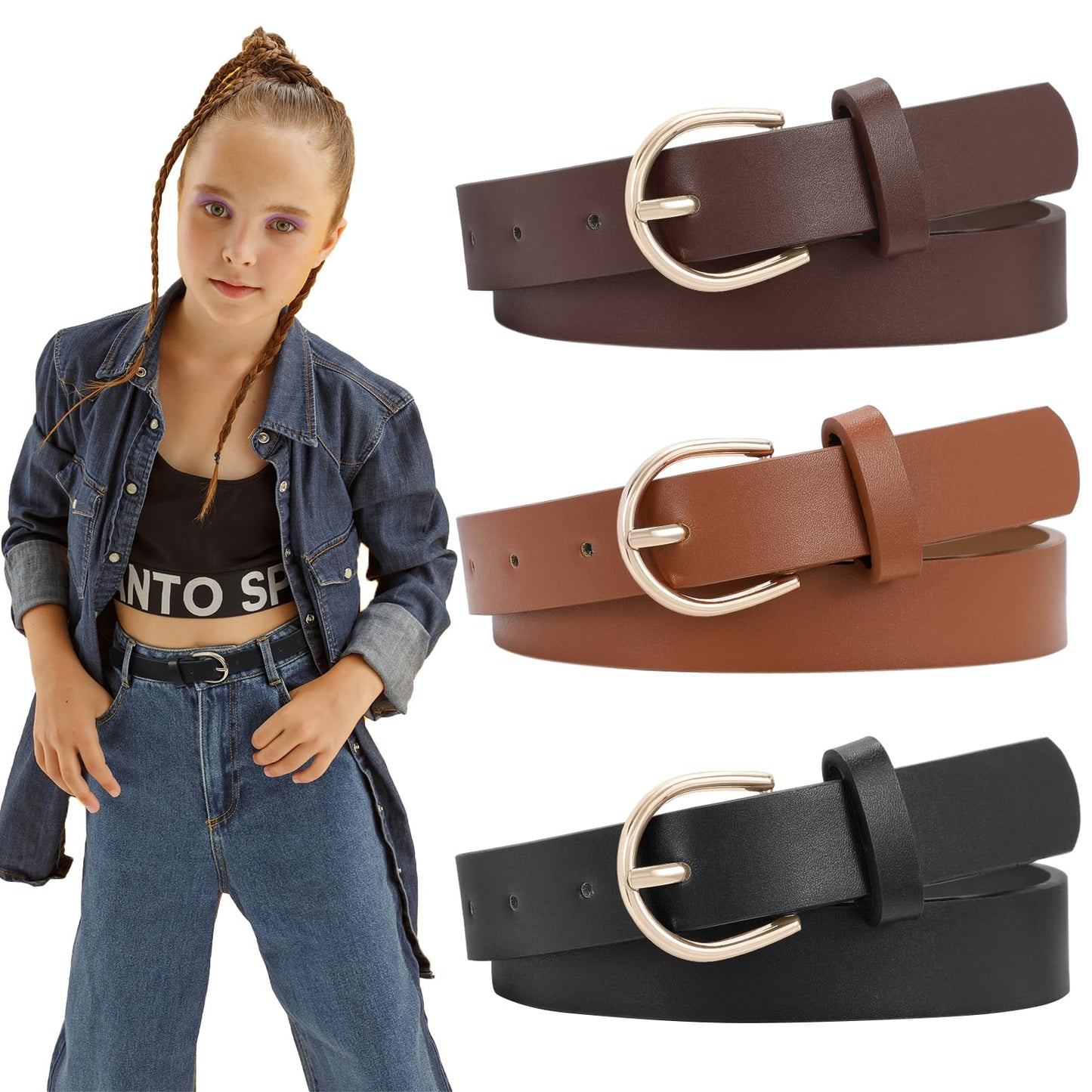 SUOSDEY Girls Leather Belts,Kids Skinny Belt for School Uniforms Gift 2Pack