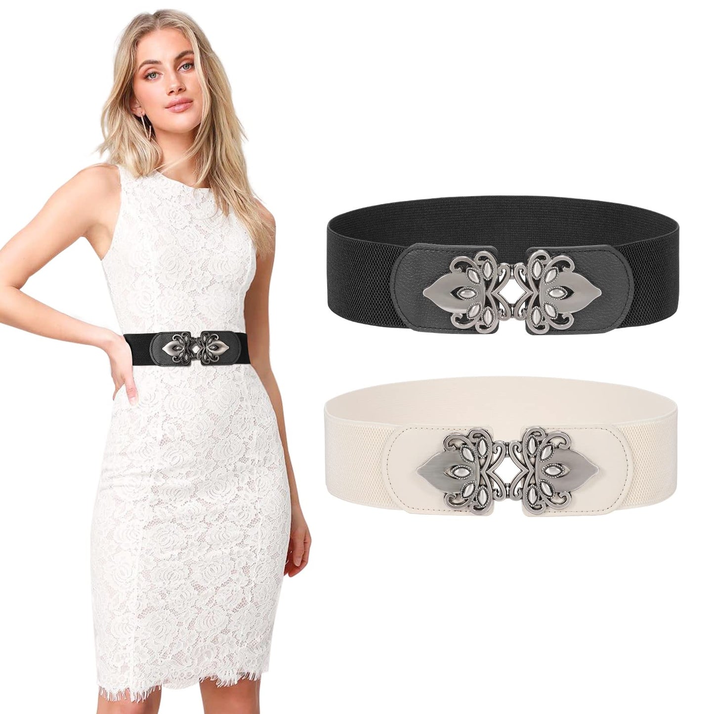 SUOSDEY Women Stretchy Belts Ladies Elastic Wide Waist Belts for Dresses 2 Pack