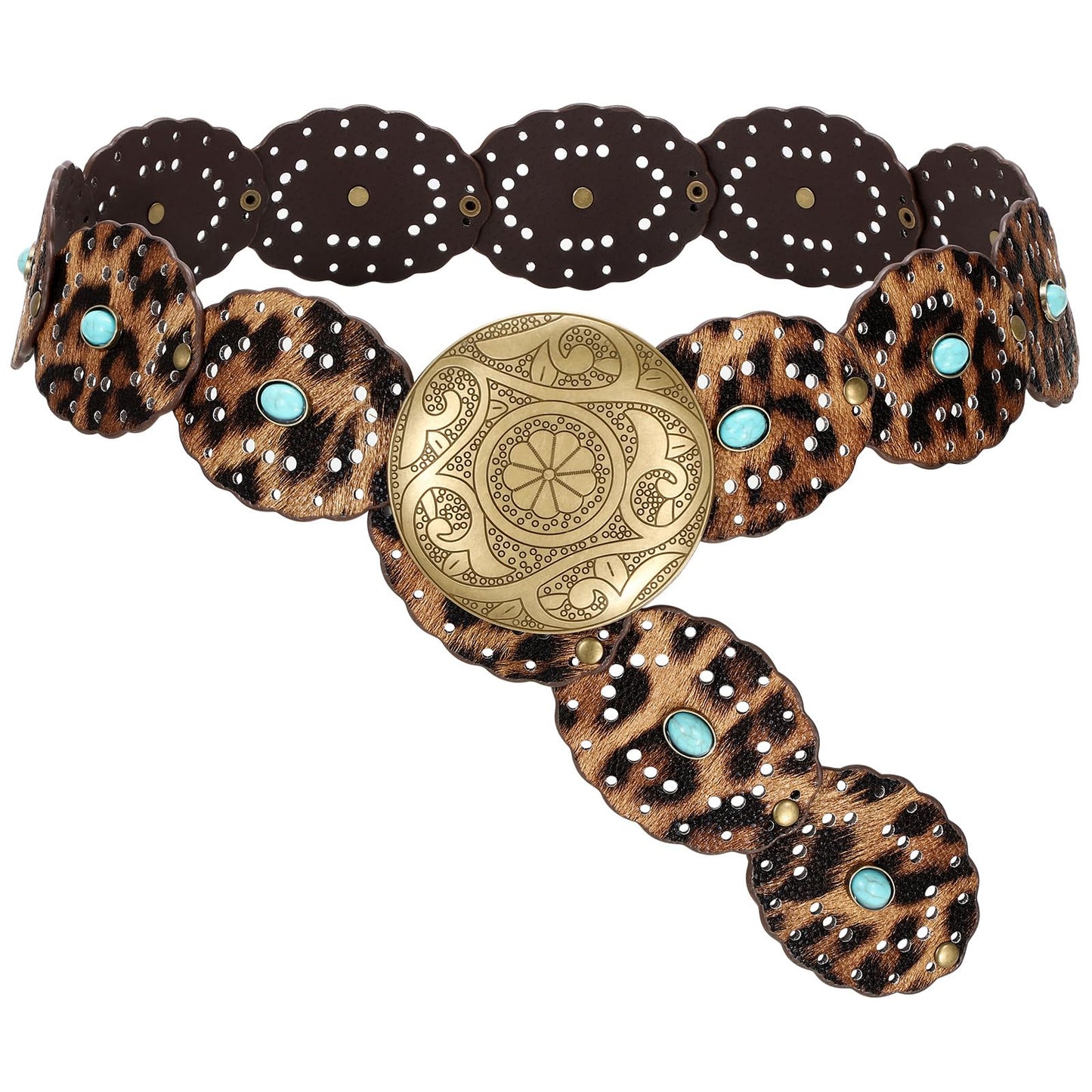 SUOSDEY Women's Concho Disc Belt Western Cowboy Cowgirl Wide Leather Boho Country Waist Belts for Dress Jeans