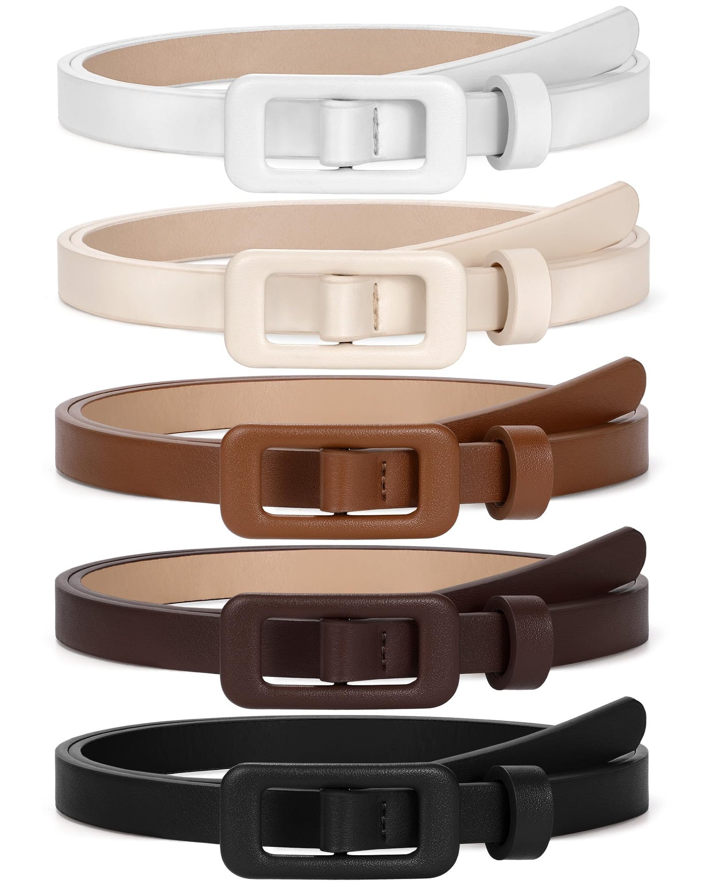 SUOSDEY 5 Pack Women Skinny Leather Belt Thin Waist No Hole Belt for Ladies Jeans Dress Pants