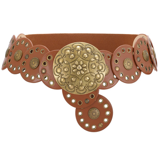 SUOSDEY Women's Hollow Western Disc Belt Concho Stretch Cowgirl Leather Wide Waist Belt for Dresses Jeans