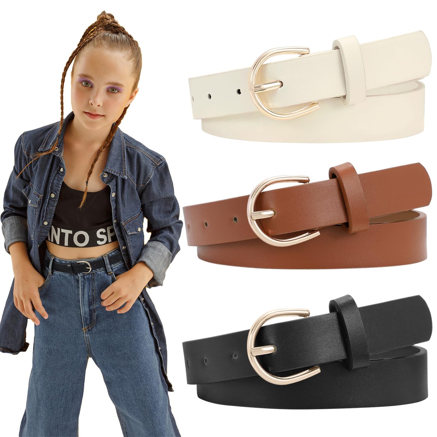 SUOSDEY Girls Leather Belts,Kids Skinny Belt for School Uniforms Gift 2Pack