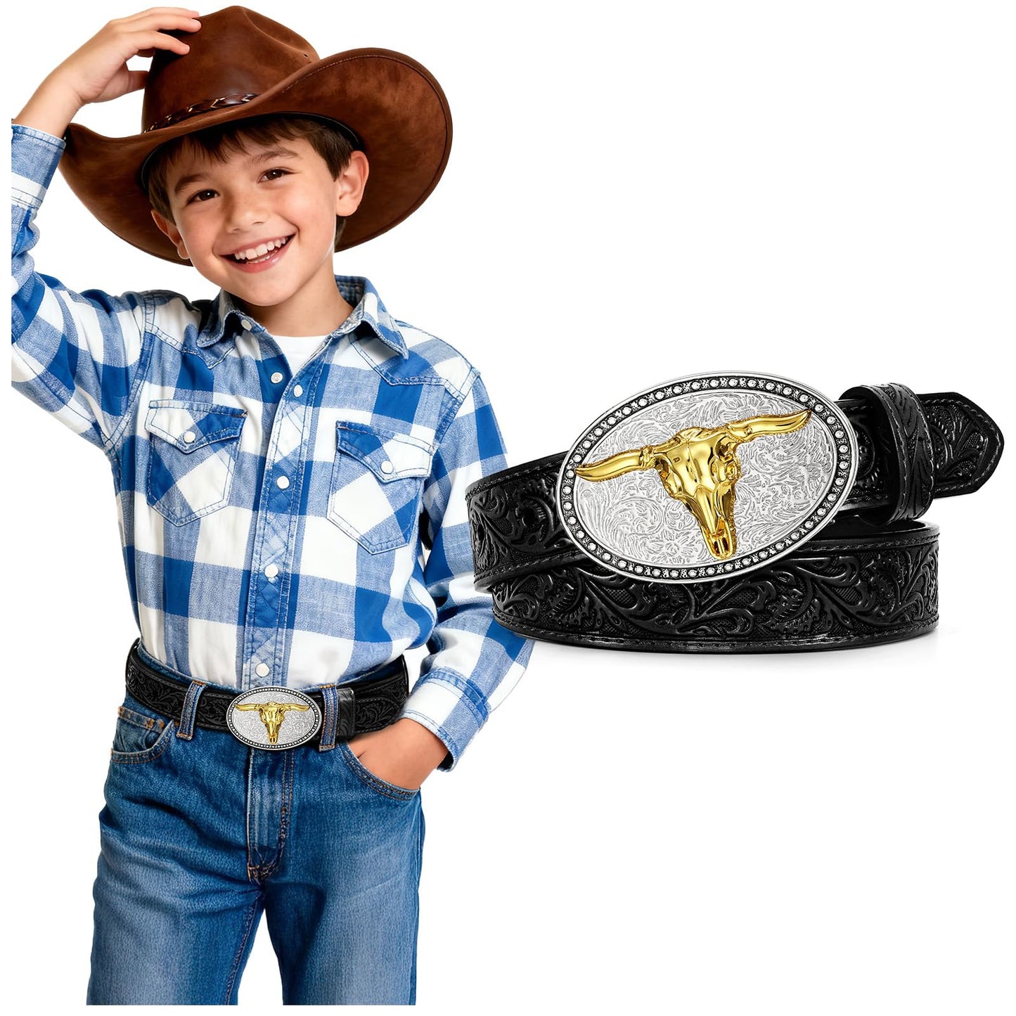 SUOSDEY Kids Western Belt for Boys Girls Genuine Leather Cowboy Cowgirl Belts with Detachable Buckle for Jeans Western Gifts