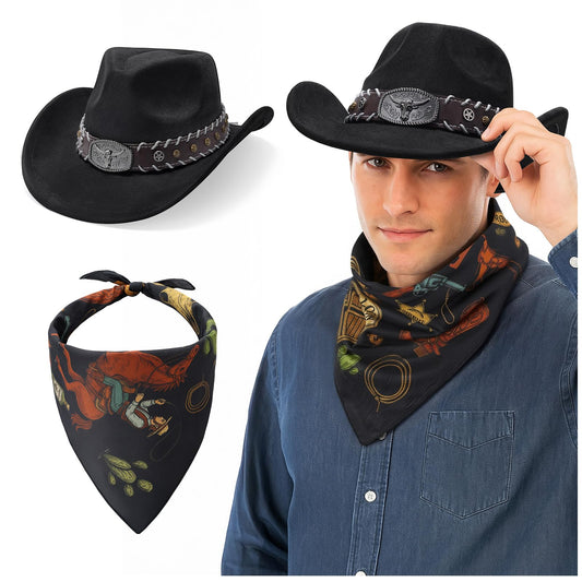 SUOSDEY Cowboy Western Hats for Men with Bandanas Costume Set Wide Brim Western Style Hat for Rodeo Party Favors
