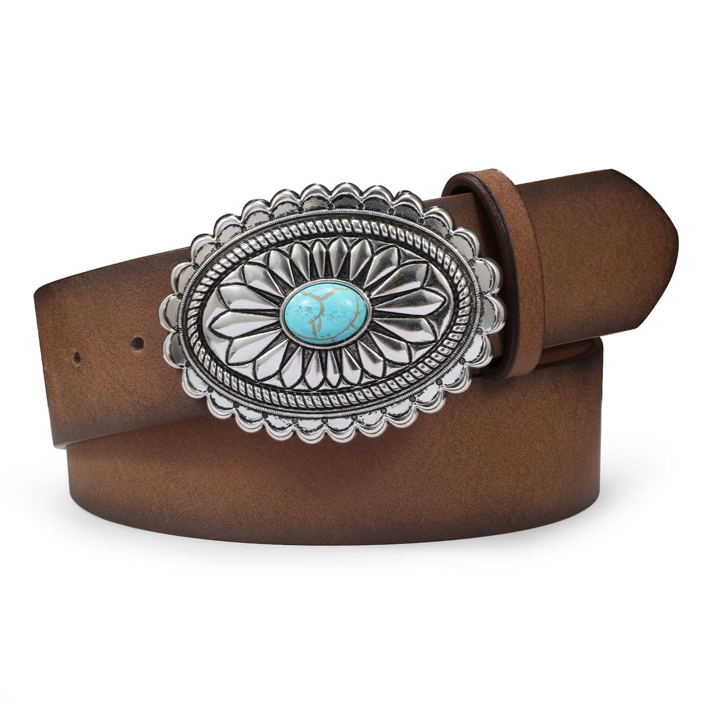SUOSDEY Turquoise Buckle Western Leather Belt for Women Men Cowgirl Cowboy Concho Leather Belt